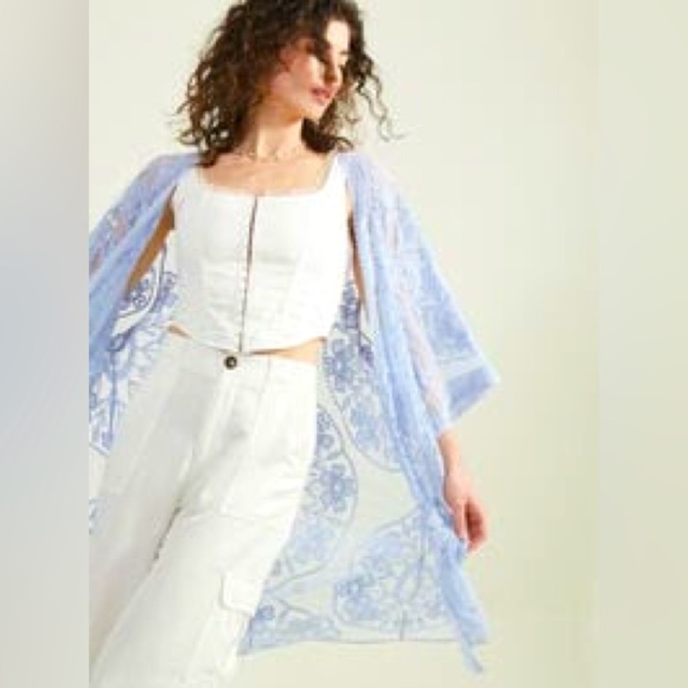 NWT Altar’d State All Over Blue Lace Sheer Flowy Long Floral Kimono Coverup